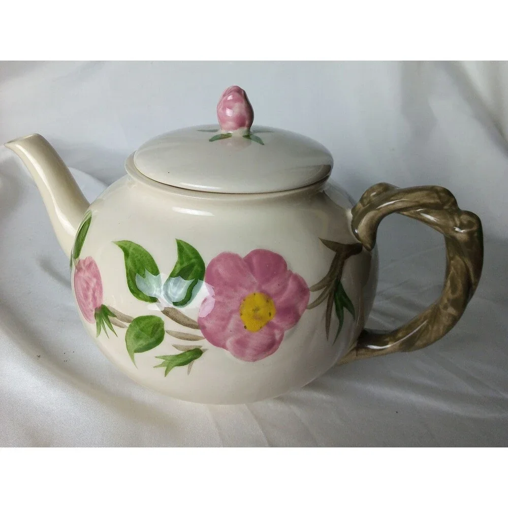 FRANCISCAN DESERT ROSE TEAPOT (ENGLAND) WITH 8 CUPS/SAUCERS (CALIFORNIA)